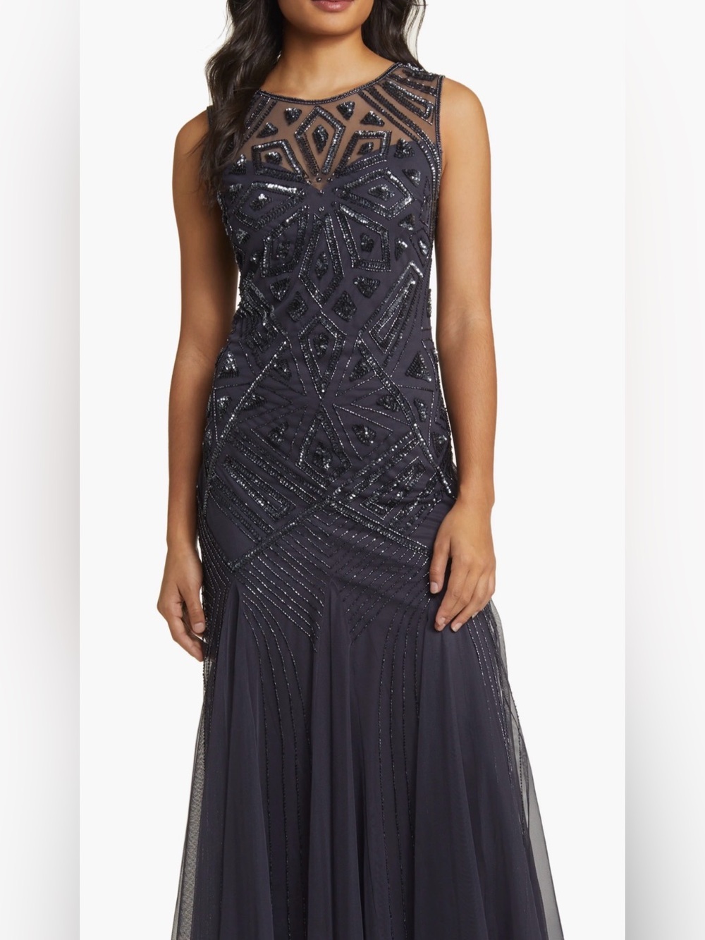 Pizarro Nights Geometric Beaded Sleeveless Gown Color: Navy/Slate Sz 4